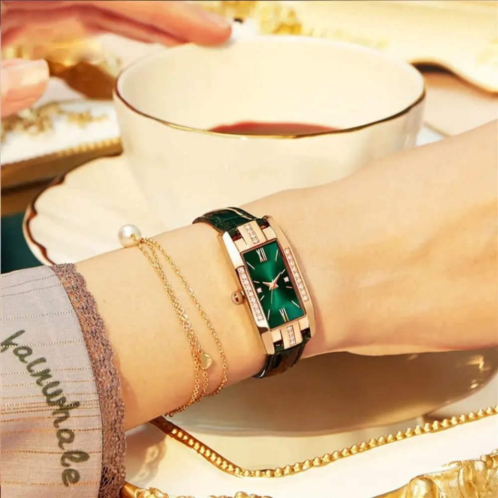 Vintage Rectangle Ladies Quartz Watch with Rhinestone, Roman Numeral Dial Green - Picture 3 of 5
